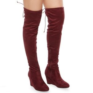 Helium Burgandy Over the Knee Faux Suede Boots